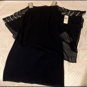 Navy Blue Tank Dress with Asymmetrical Sheer Overlay and Rhinestone Details.